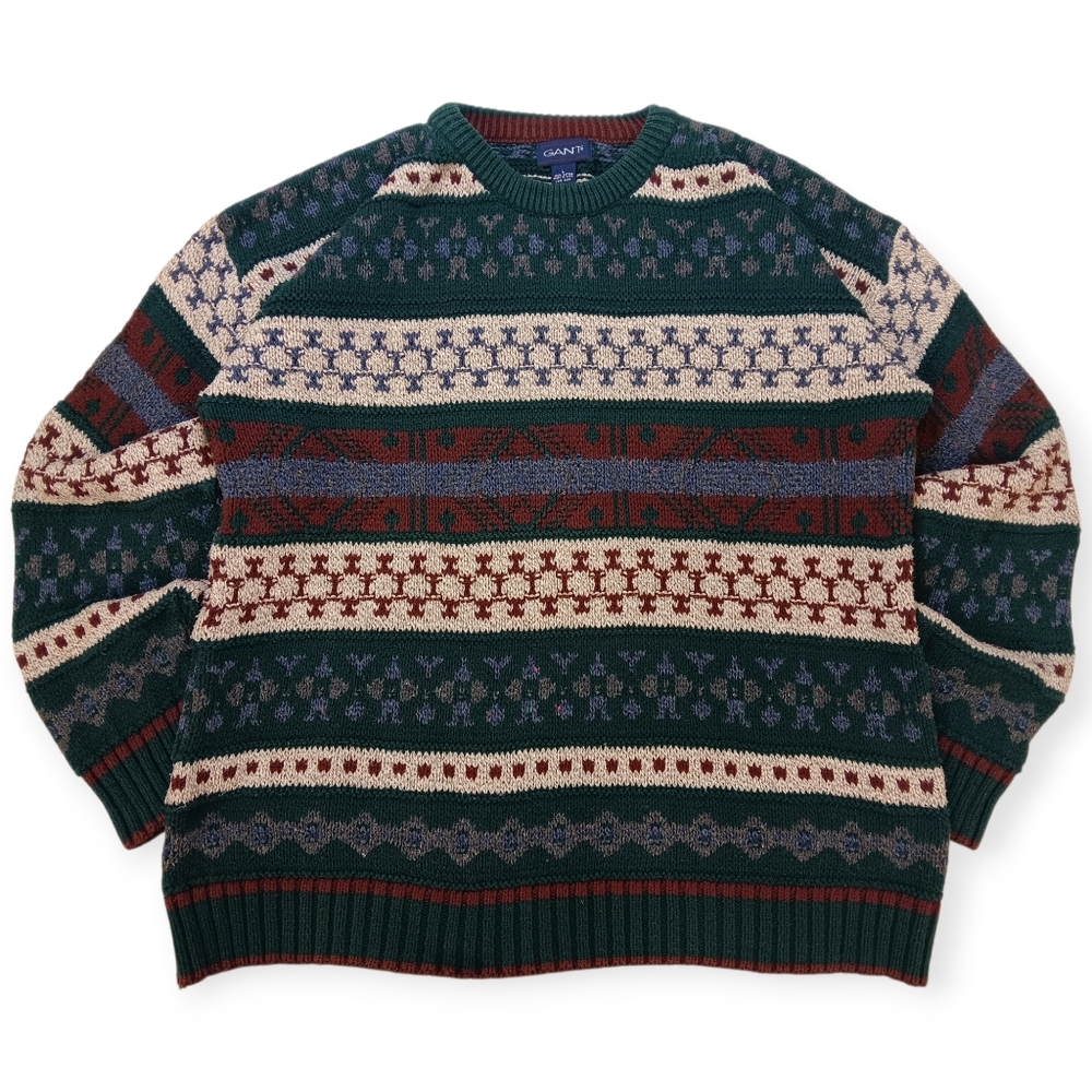 Vintage Gant Green Crewneck Sweater with Cream, Red & Blue Fair Isle Stripes - L